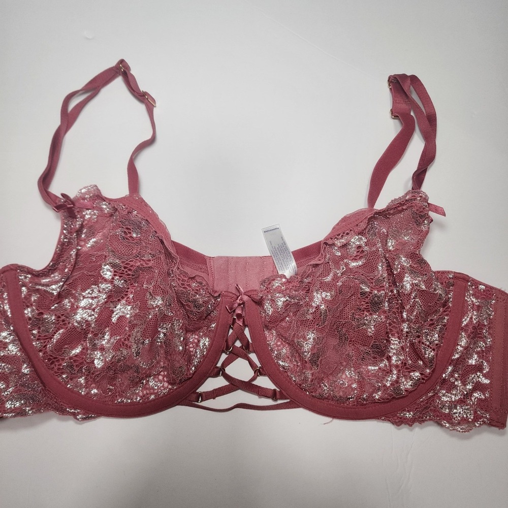 Cacique 44C Balconette Bra Rosewood Pink Silver‎ Lace Laced Up Underwire